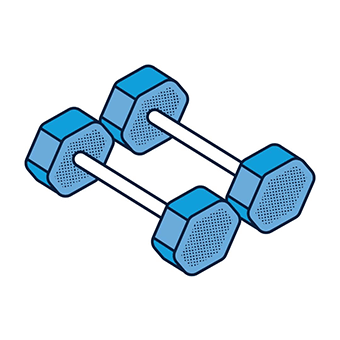 Illustration of two blue hexagonal dumbbells on a white background. The dumbbells have white handles and a simple, cartoonish design, conveying fitness.