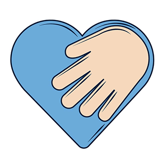 A blue heart with a beige hand overlaying it, symbolizing care and compassion. The image conveys warmth and empathy with a minimalist design.